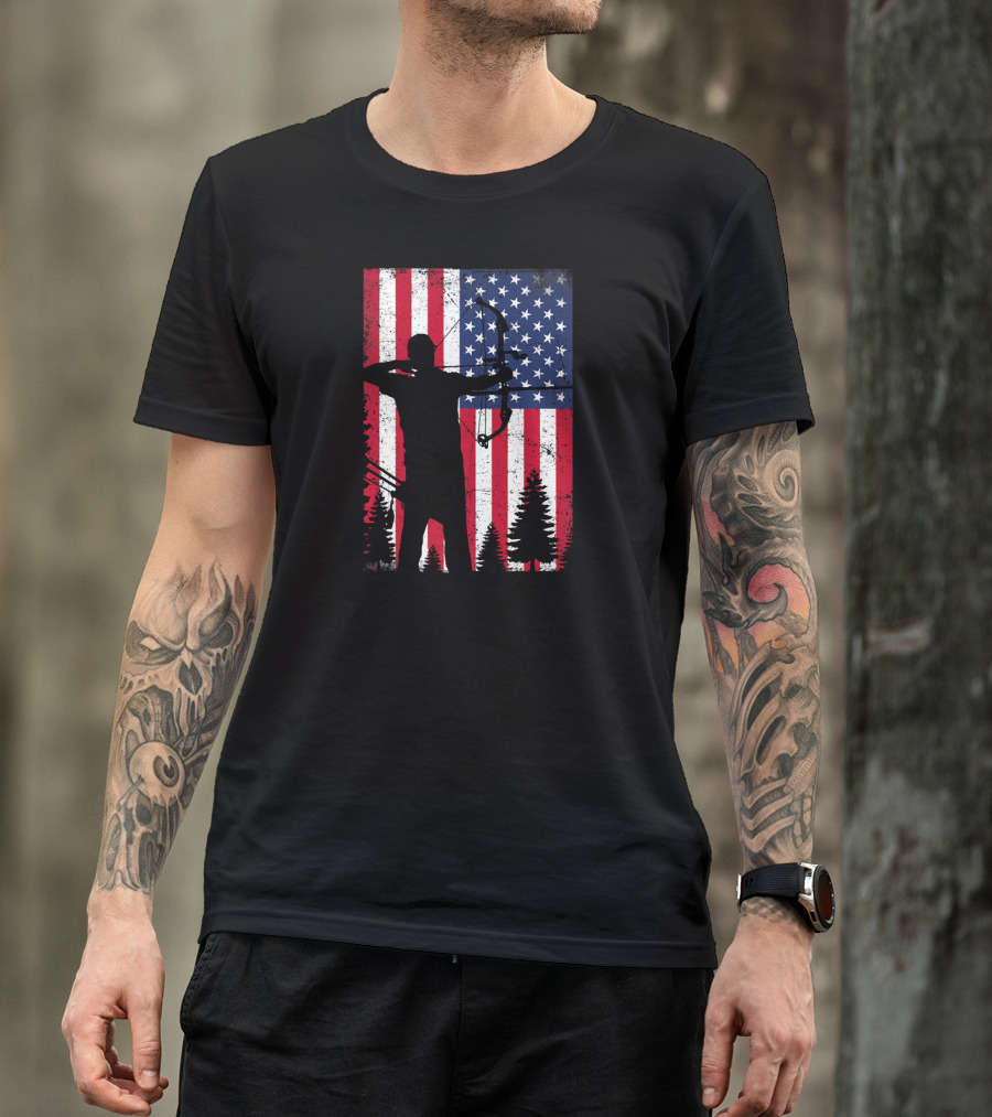 American Flag Archery Bow Hunting Bow Hunter T-Shirt