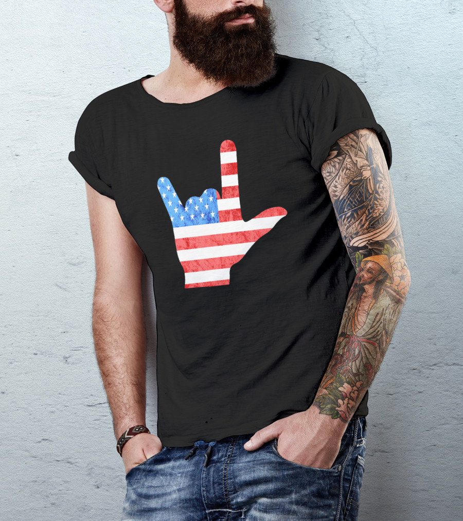 American Sign Language I Love You 4th Of July USA Flag Deaf T-Shirt