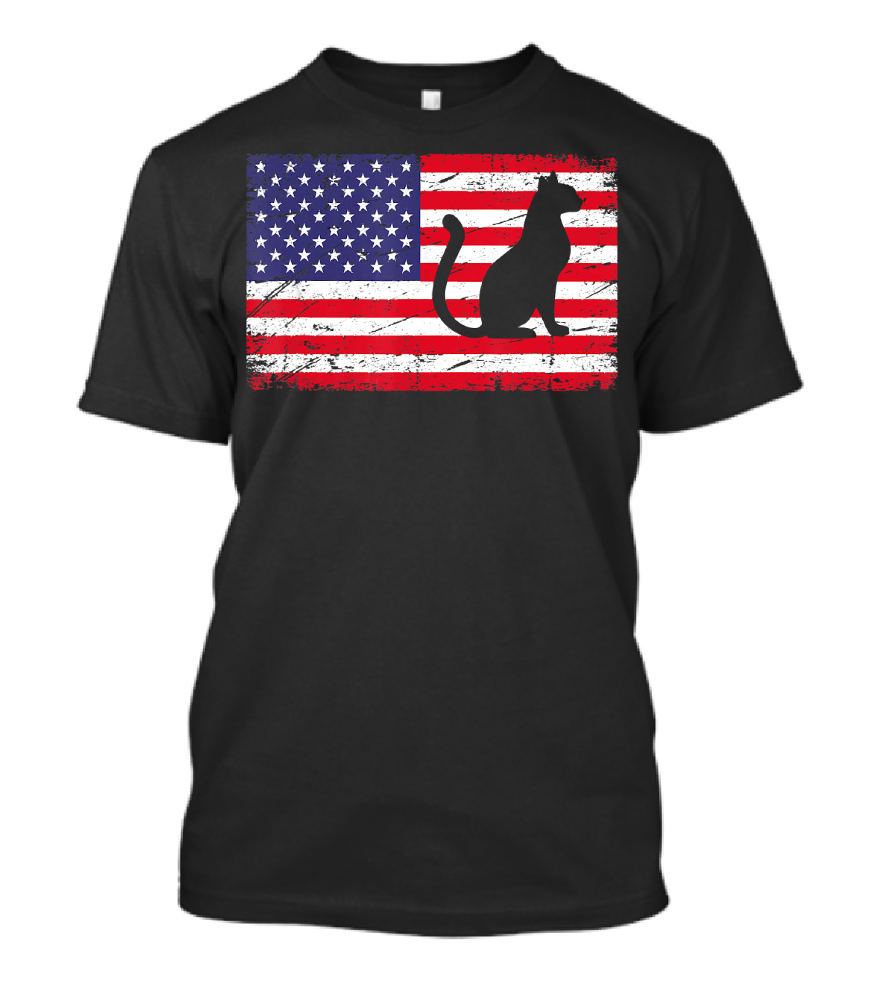 Distressed Cat Silhouette On American Flag 4th Of July T-Shirt