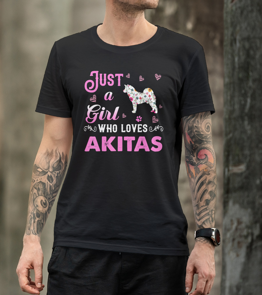 Just A Girl Who Loves Akitas Floral Pattern And Heart Details T-Shirt