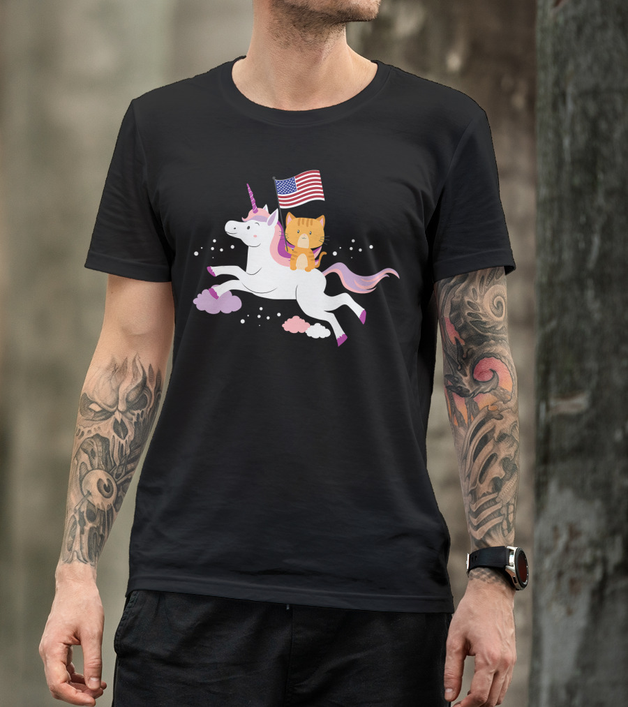 Unicorn Cat With American Flag 4th Of July Independence Day T-Shirt