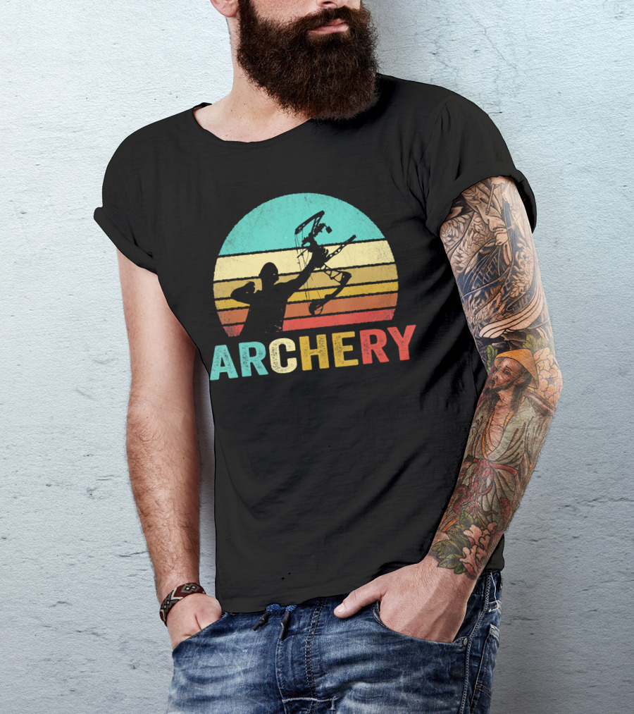 Vintage Archery Sunset Silhouette Bow And Arrow Retro Stripes T-Shirt