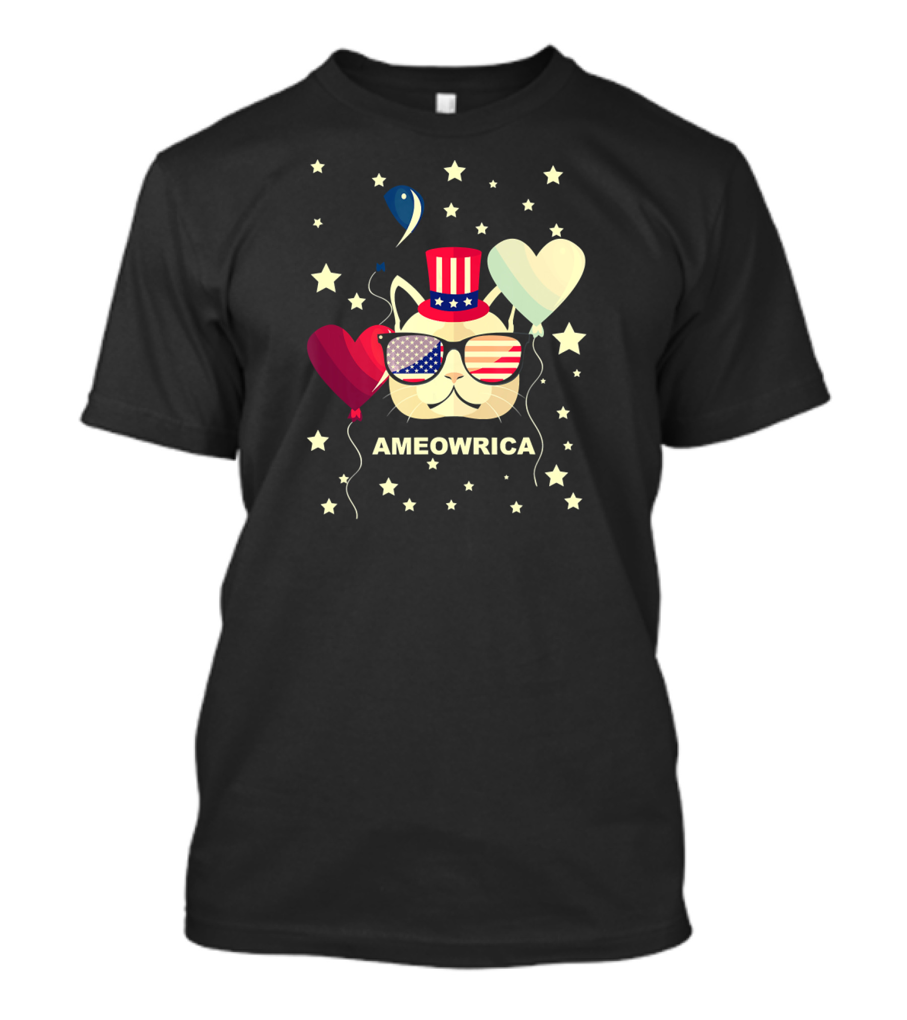 Ameowrica Cat With Stars, Patriotic Sunglasses, And Balloons 4th Of July Independence Day T-Shirt