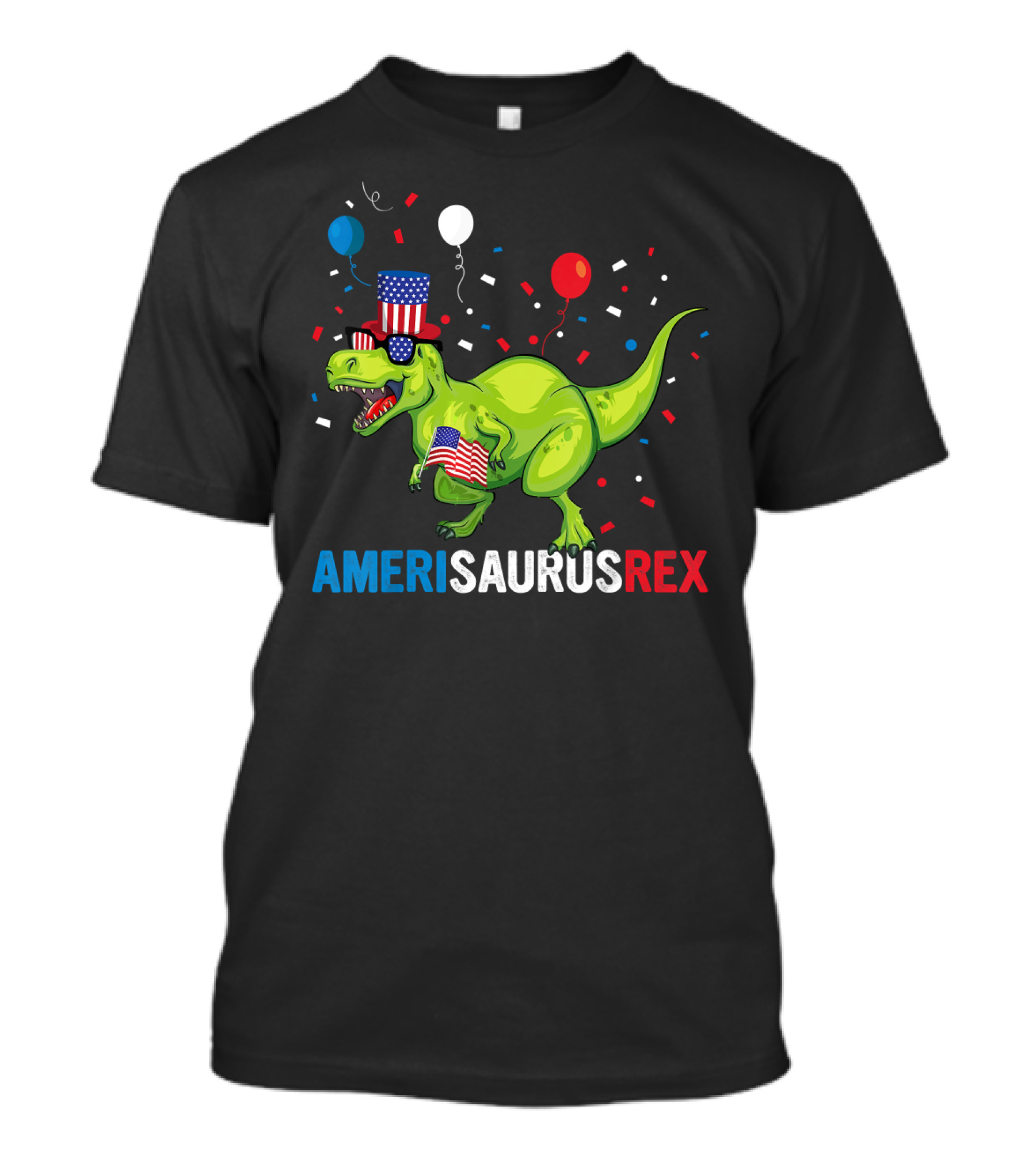 AMERISAURUS REX Fourth Of July Dinosaur With Patriotic Hat And Flags T-Shirt