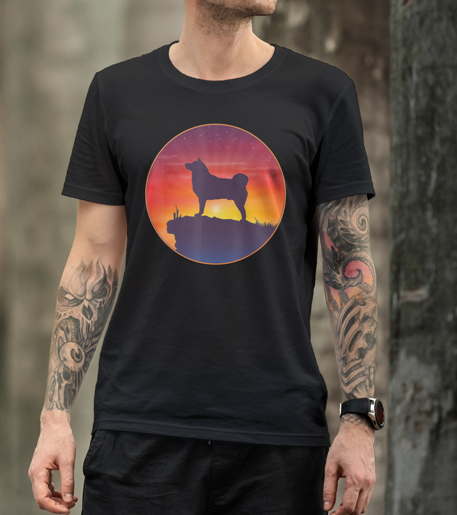 Akita Silhouette At Sunset On Cliff With Starry Sky T-Shirt