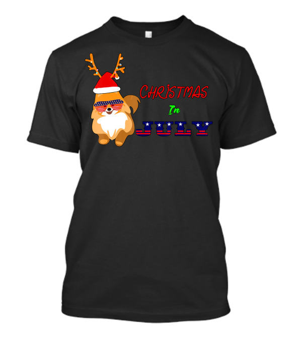 Christmas In July Dog With Patriotic Reindeer Antlers And Santa Hat T-Shirt