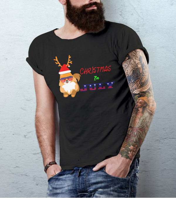 Christmas In July Dog With Patriotic Reindeer Antlers And Santa Hat T-Shirt