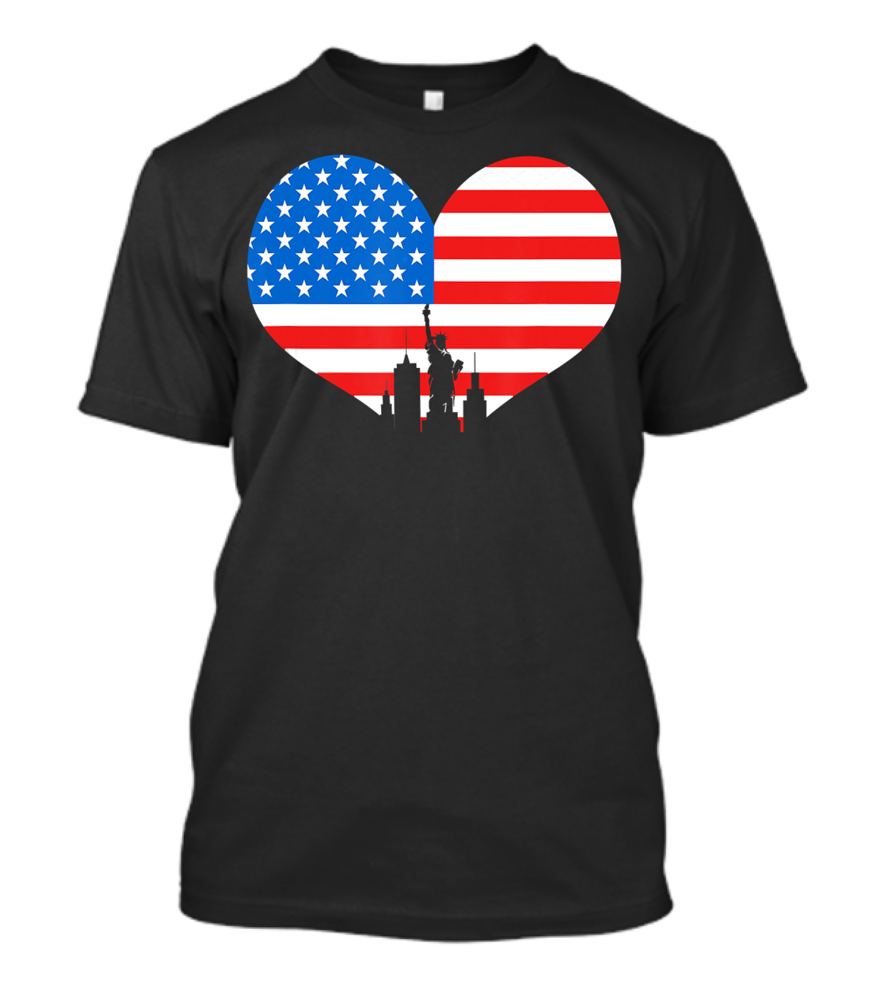 Heart Shaped American Flag With Statue Of Liberty Skyline 4th Of July Independence Day T-Shirt