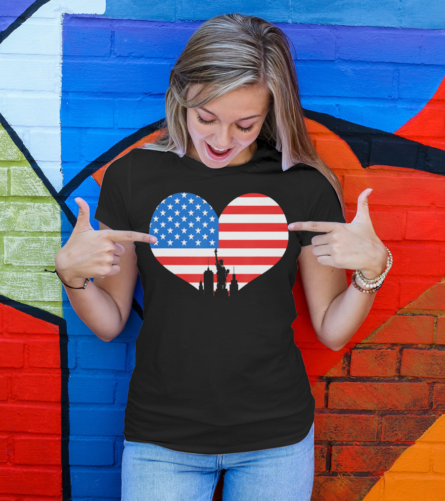 Heart Shaped American Flag With Statue Of Liberty Skyline 4th Of July Independence Day T-Shirt