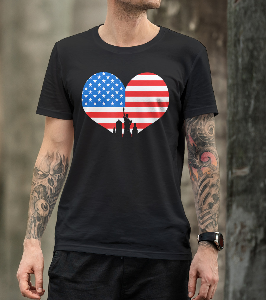 Heart Shaped American Flag With Statue Of Liberty Skyline 4th Of July Independence Day T-Shirt