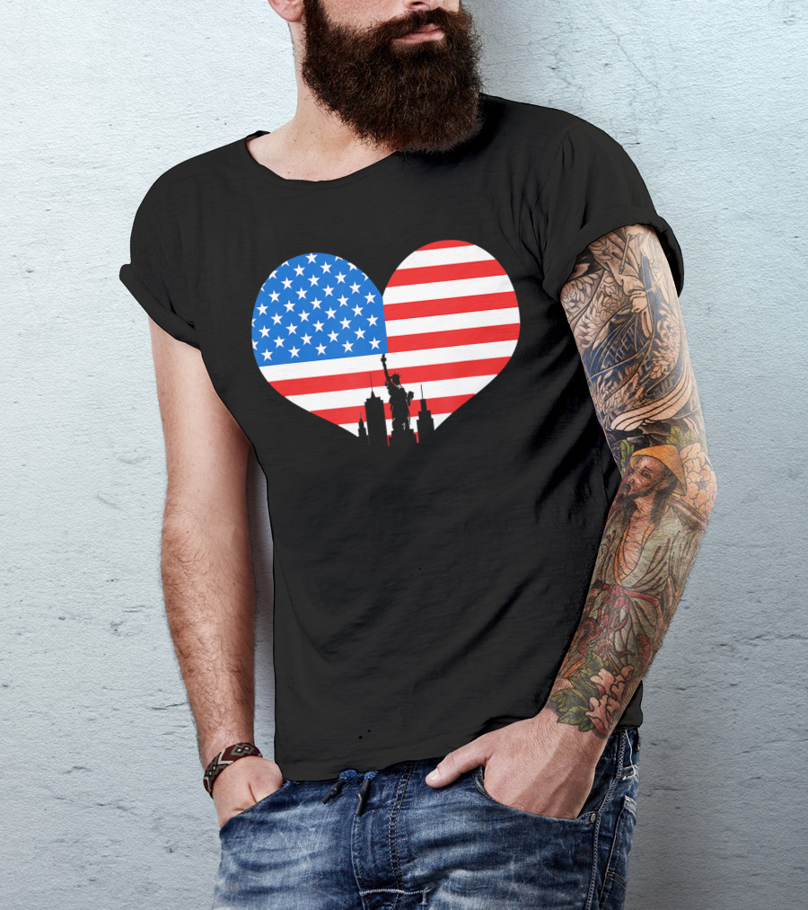 Heart Shaped American Flag With Statue Of Liberty Skyline 4th Of July Independence Day T-Shirt