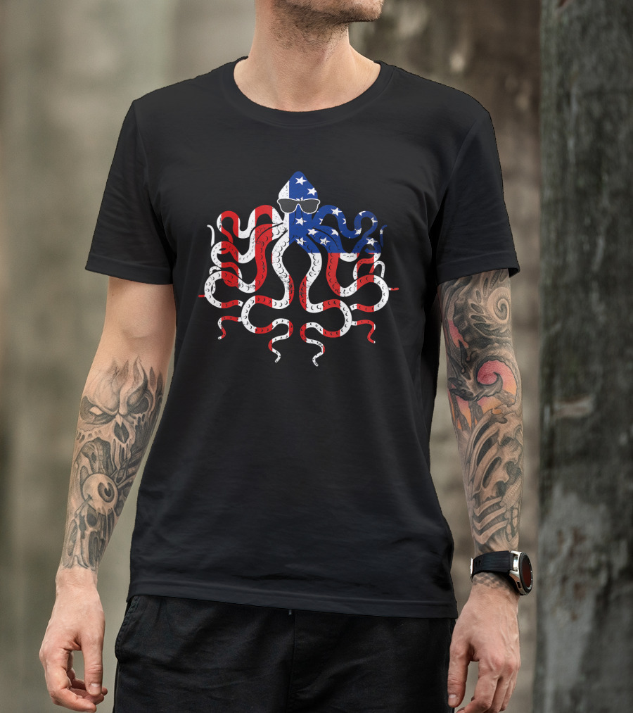 Funny American Flag Octopus With Sunglasses 4th Of July Love T-Shirt