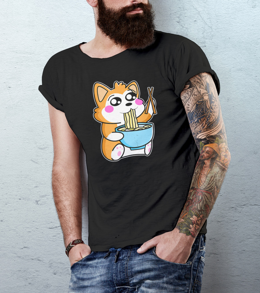 Kawaii Japanese Akita Inu Eating Ramen Anime T-Shirt