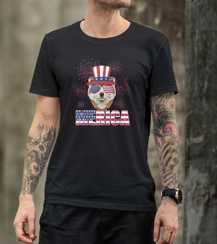 Merica Akita Dog USA Flag Patriotic Fireworks Uncle Sam Hat Sunglasses T-Shirt