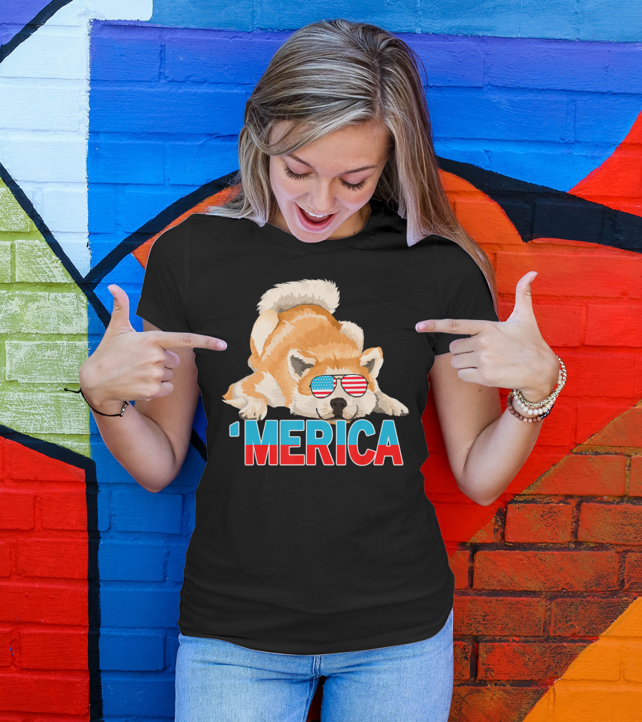 Merica Akita Inu Dog American Flag Sunglasses T-Shirt