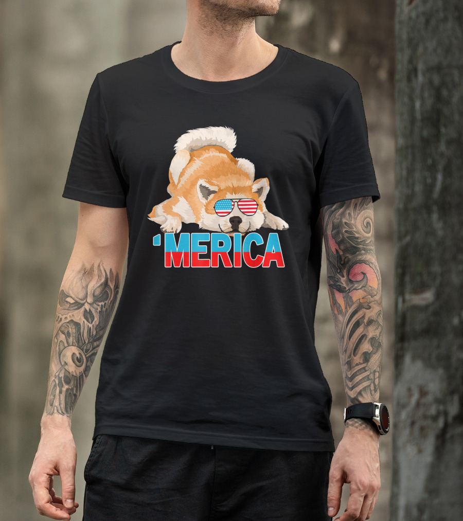 Merica Akita Inu Dog American Flag Sunglasses T-Shirt