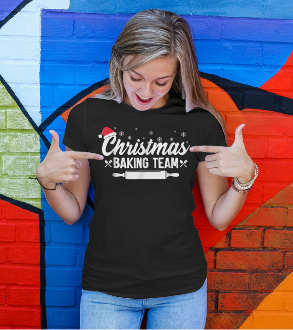 Christmas Baking Team Rolling Pin Funny Holiday Snowflakes Santa Hat T-Shirt