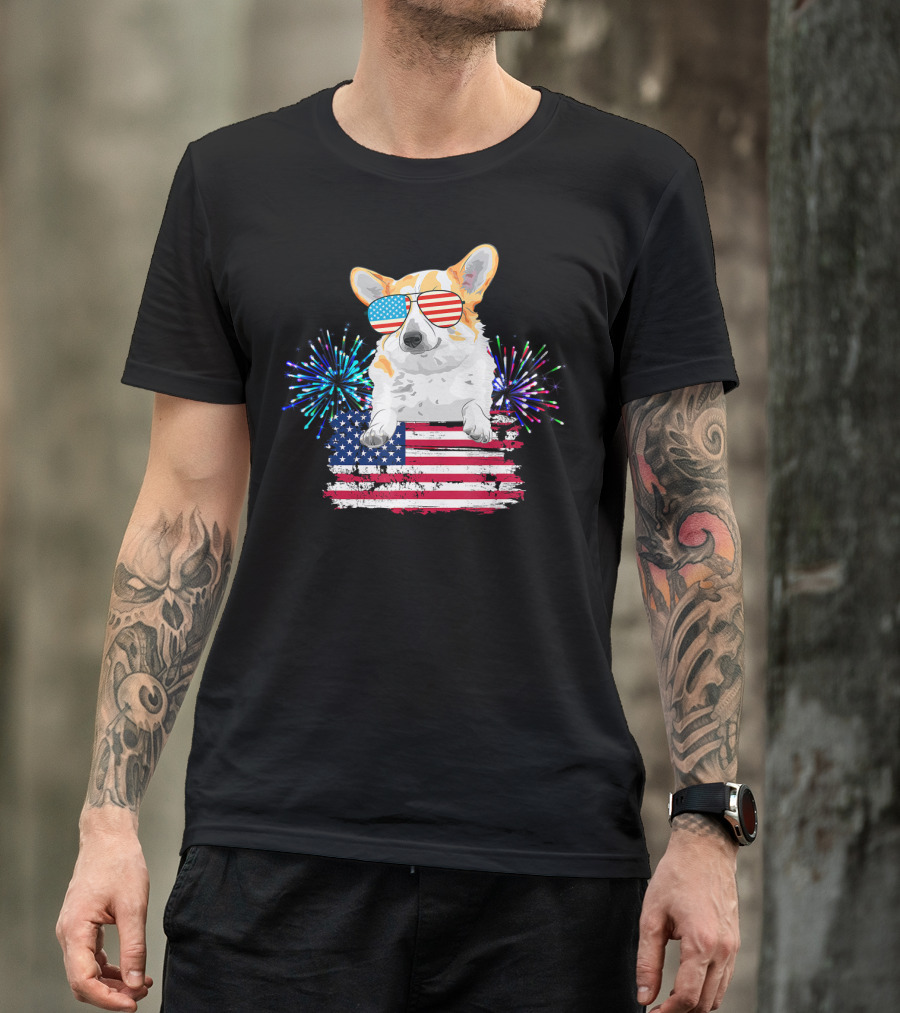 Corgi Women American Flag Patriotic Fireworks Sunglasses T-Shirt