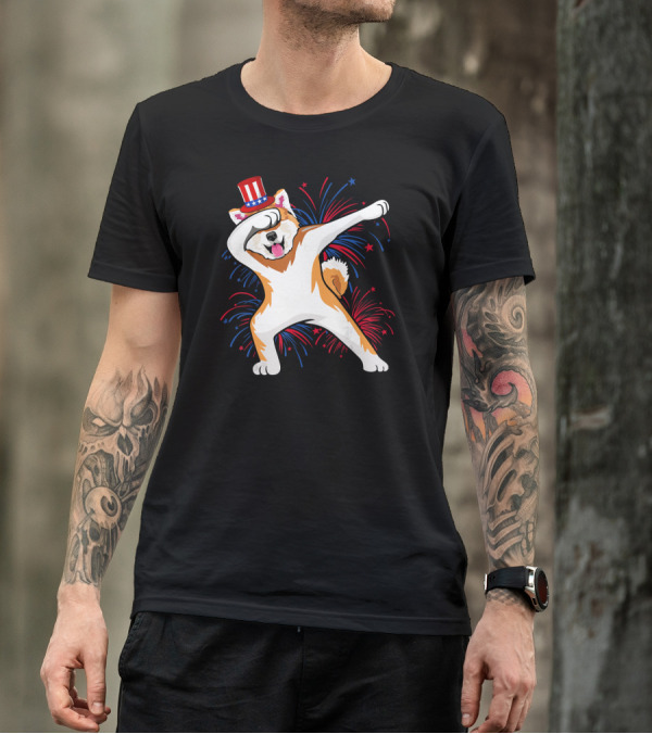 Dabbing Akita With American Flag Hat And Fireworks For 4th Of July T-Shirt