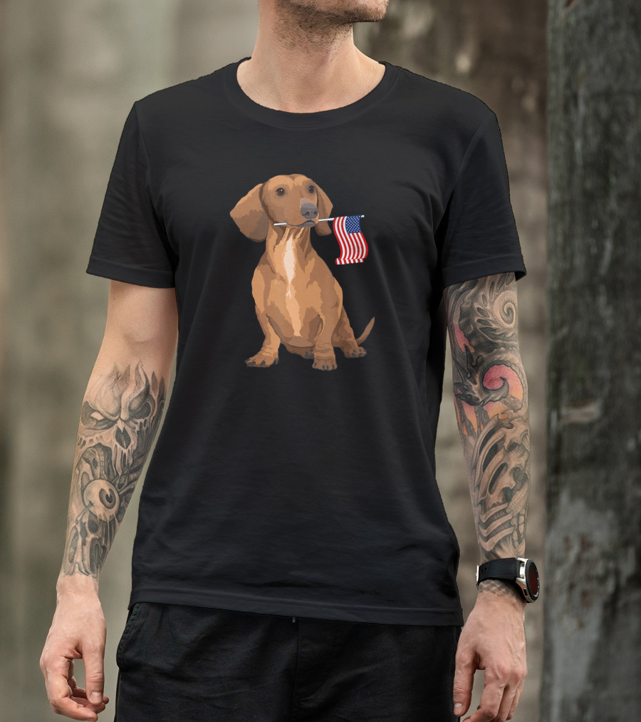 Dachshund With American Flag In Mouth T-Shirt