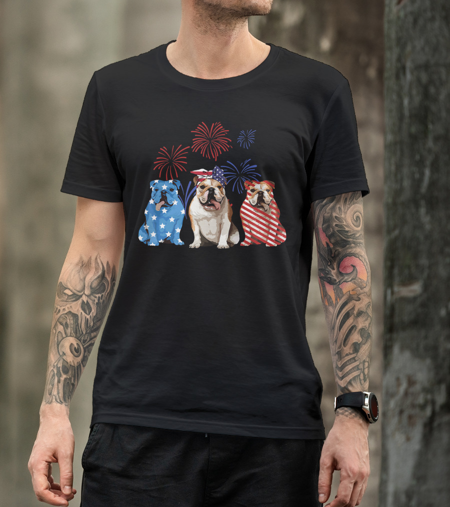Bulldog Stars And Stripes USA Flag Fireworks Red White Blue T-Shirt