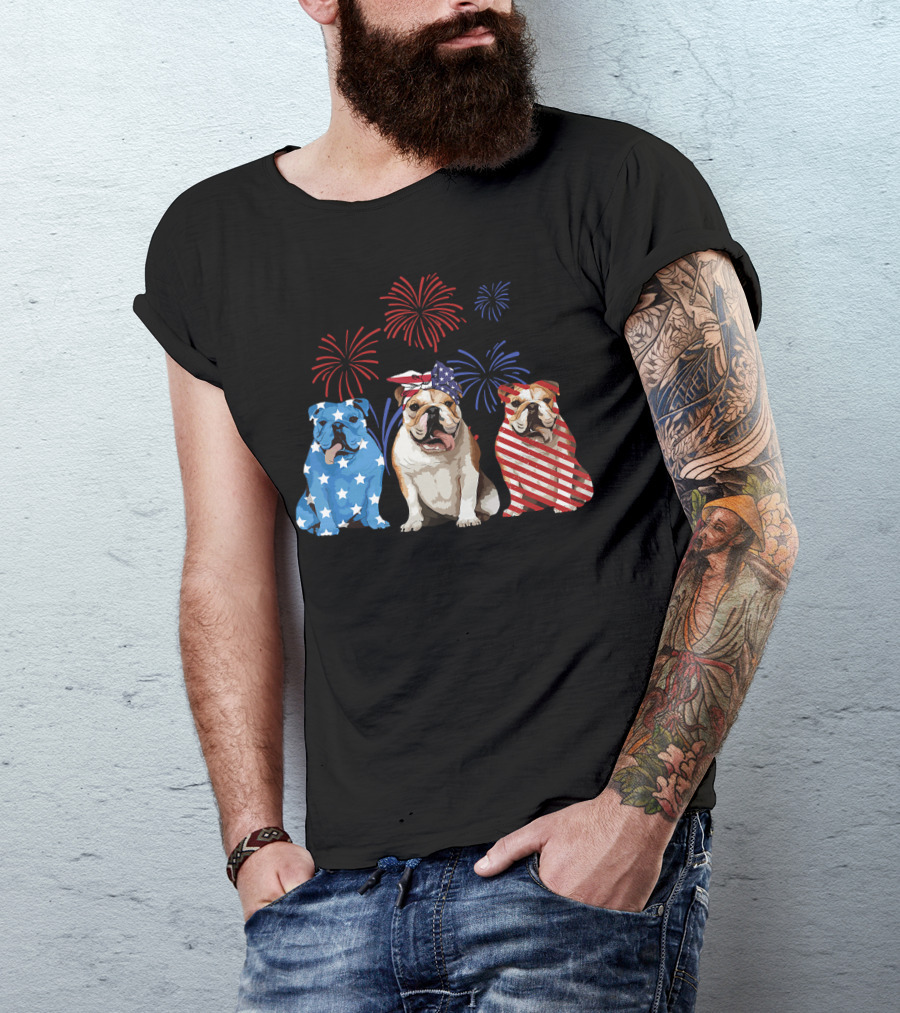 Bulldog Stars And Stripes USA Flag Fireworks Red White Blue T-Shirt