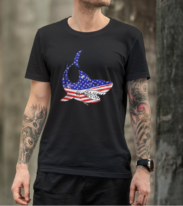 Shark American Flag Jawsome 4th Of July Patriotic Apex Predator T-Shirt