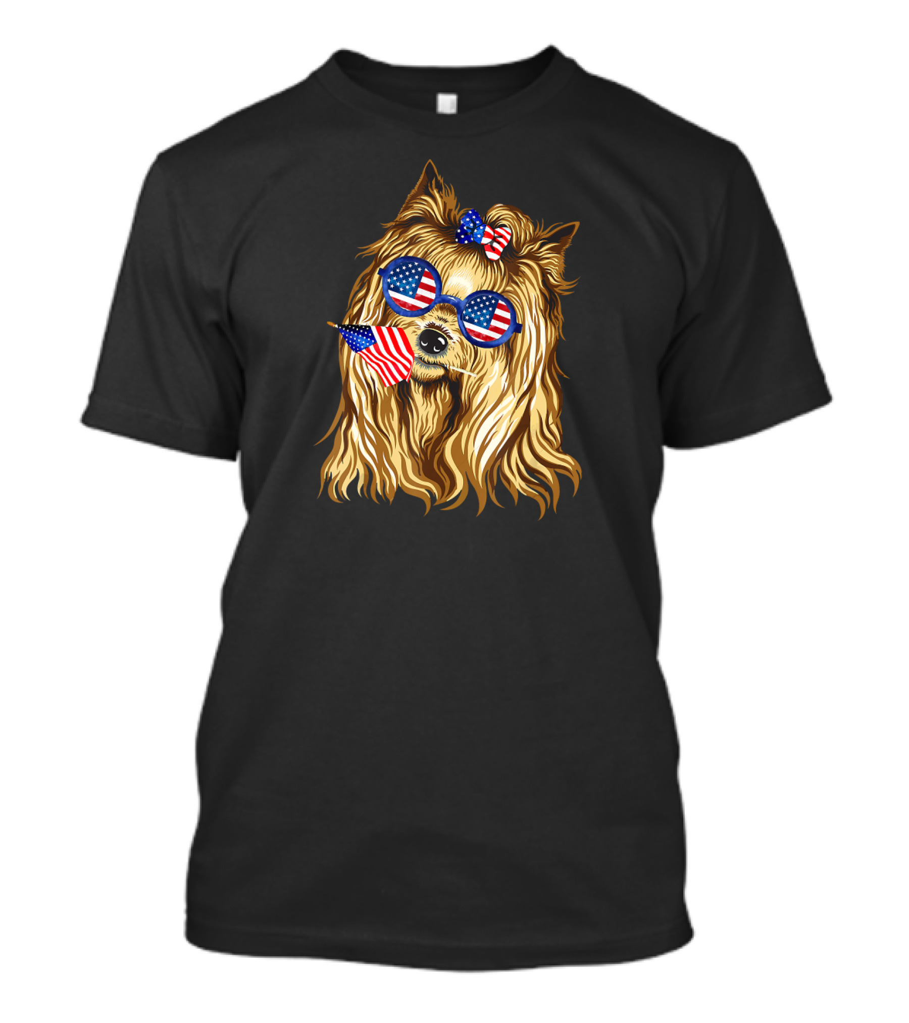 Yorkie With American Flag Sunglasses And Bow Holding Flag For 4th Of July T-Shirt