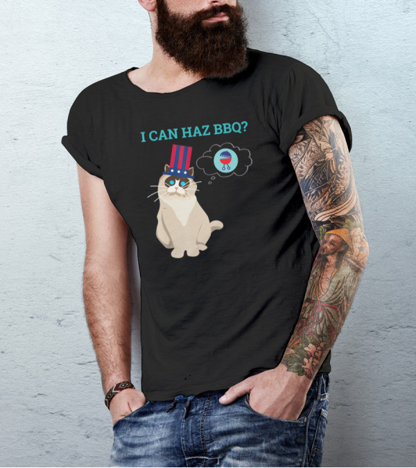 I Can Haz BBQ Cat In Uncle Sam Hat 4th Of July T-Shirt