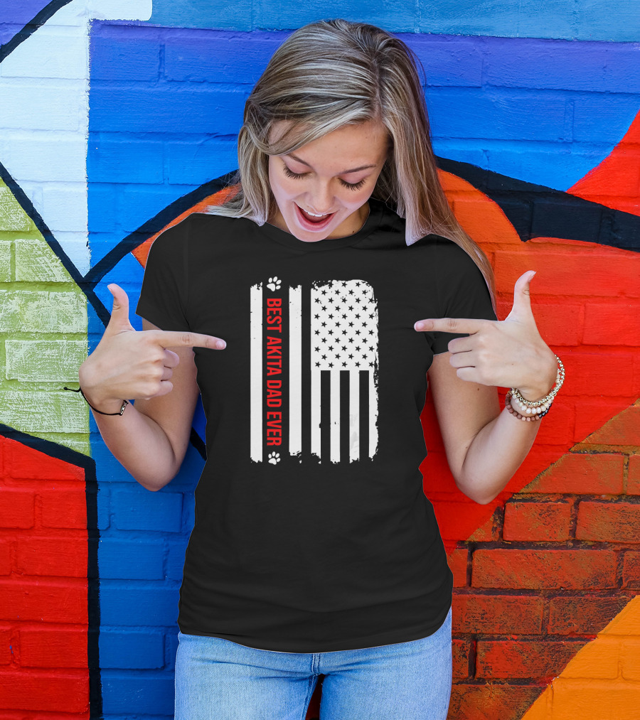 Best Akita Dad Ever American Flag Paw Prints T-Shirt