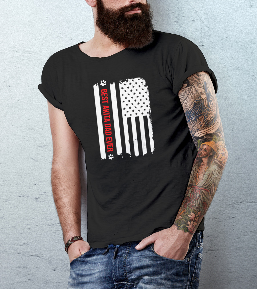 Best Akita Dad Ever American Flag Paw Prints T-Shirt