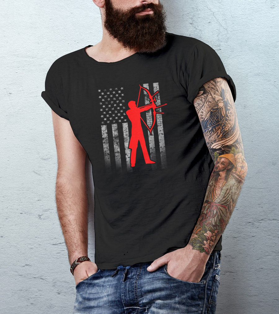 Male Archer Silhouette With American Flag Background T-Shirt