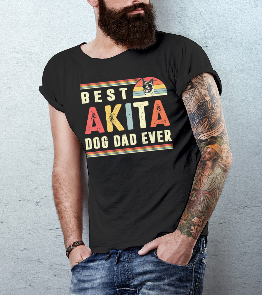 Best Akita Dog Dad Ever Retro Style With Sunset Colors T-Shirt