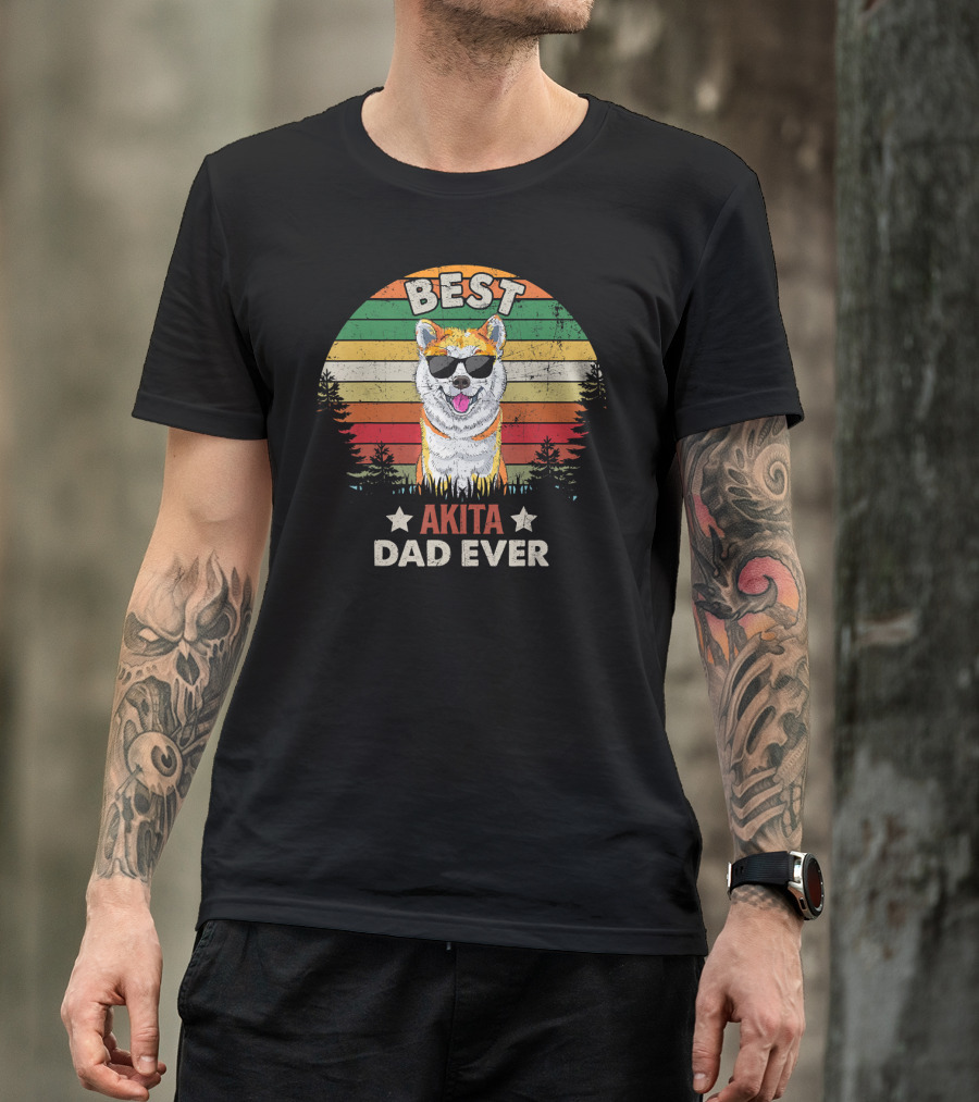 Best Akita Dad Ever Vintage Retro Dog Sunglasses Stripes T-Shirt