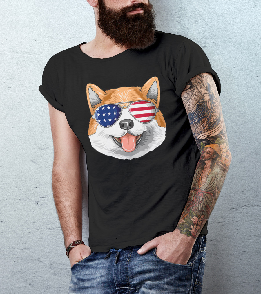 Patriotic Akita American Flag Glasses 4th Jul Independence Day T-Shirt
