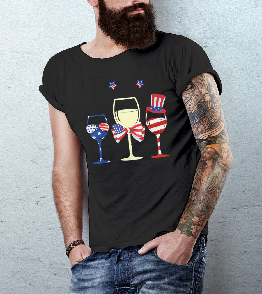 Red White Blue Wine Glasses American Flag Stars Stripes Bow Tie Hat Patriotic T-Shirt