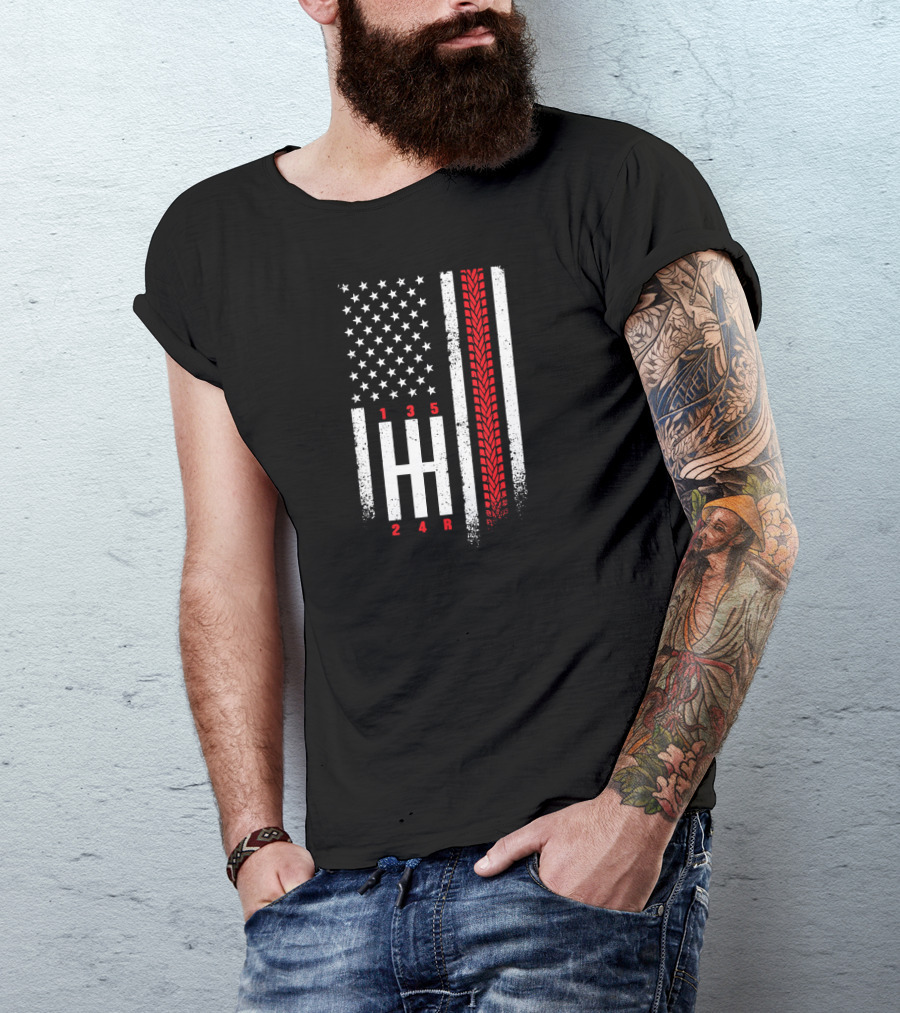 Shift Mechanic Gear Shifter American Flag Tire Tracks Racing T-Shirt
