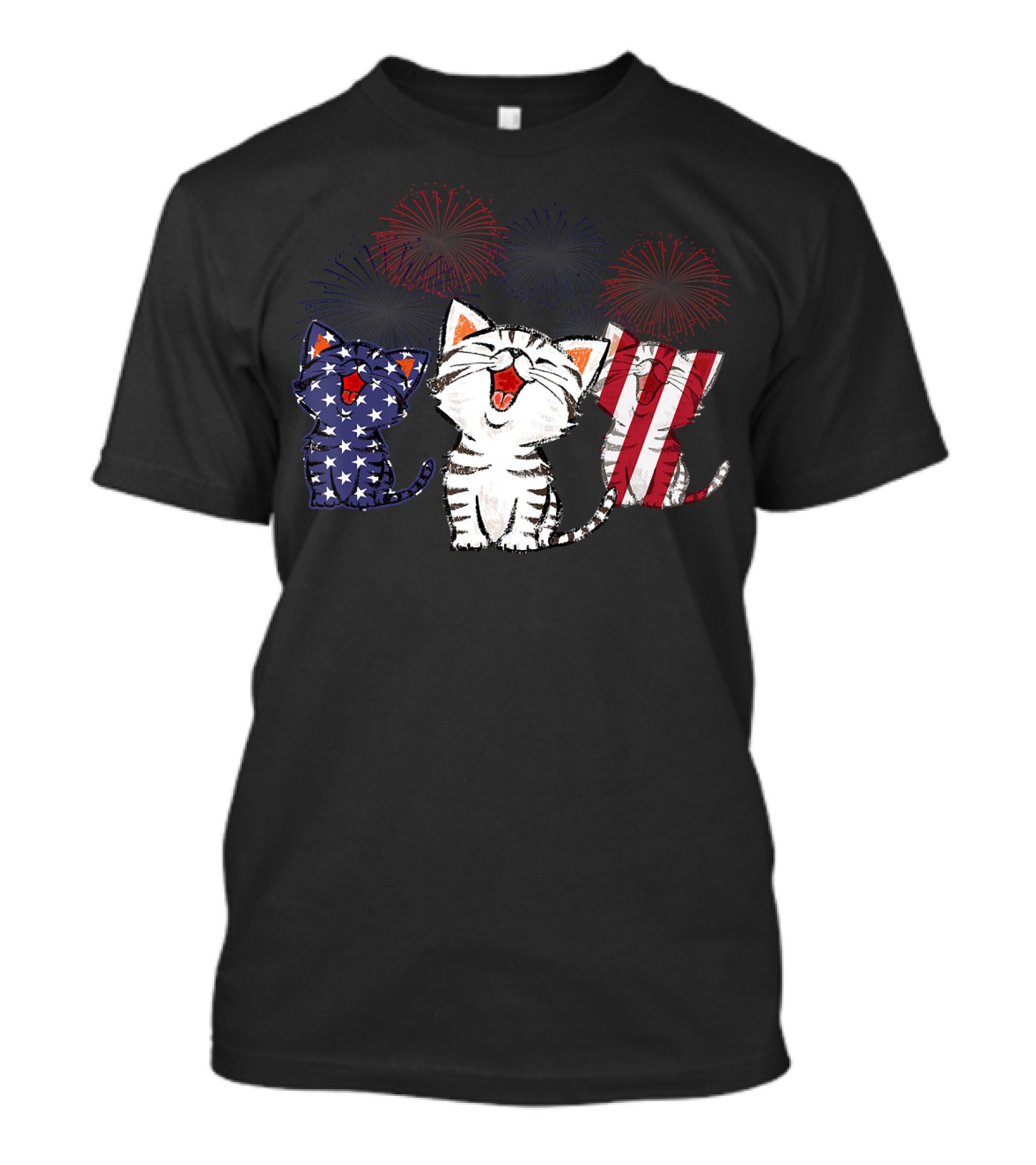 Smile Cat American Flag With Fireworks T-Shirt