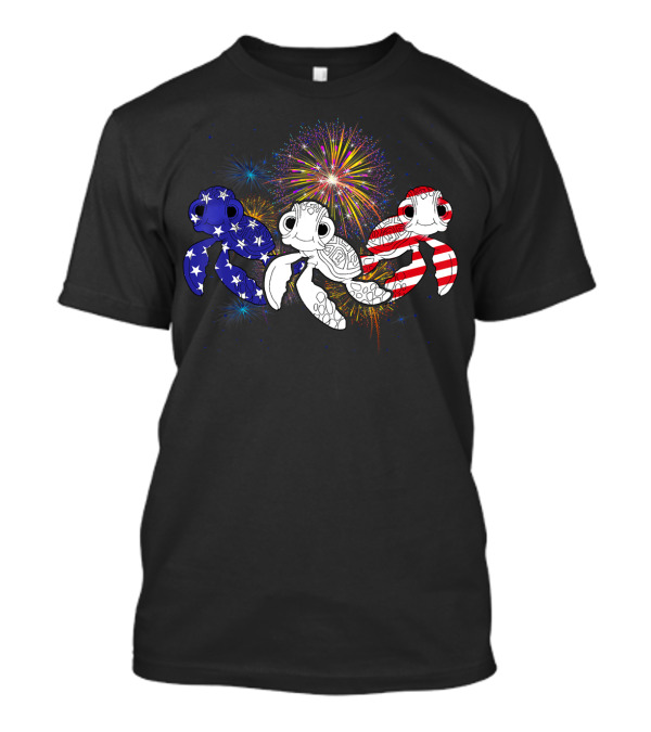 Three Turtles American Flag Fireworks 4th Of July T-Shirt