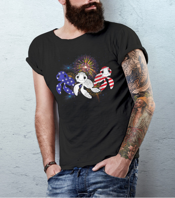 Three Turtles American Flag Fireworks 4th Of July T-Shirt
