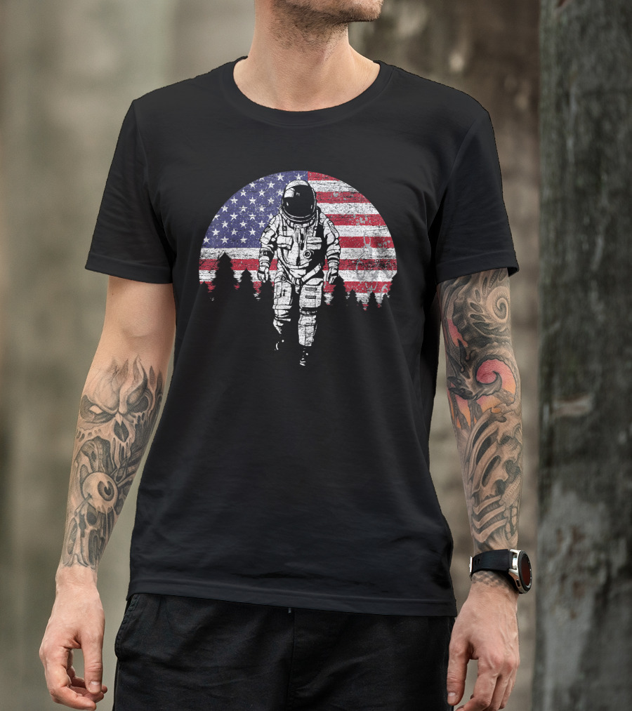 US Astronaut Walking In Front Of American USA Flag In Space T-Shirt