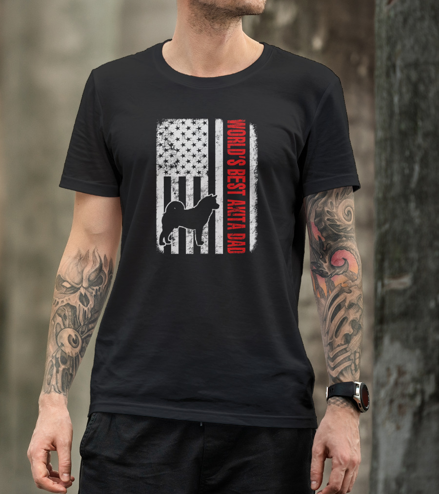 World's Best Akita Dad American Flag Silhouette T-Shirt
