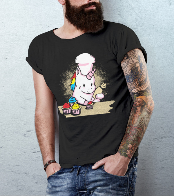 Cute Unicorn Baking Colorful Cupcakes With Chef Hat T-Shirt
