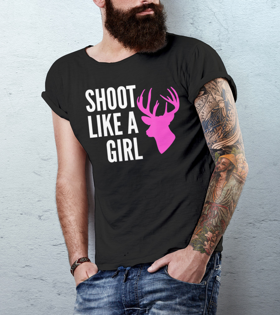 SHOOT LIKE A GIRL Pink Deer Buck Gun T-Shirt