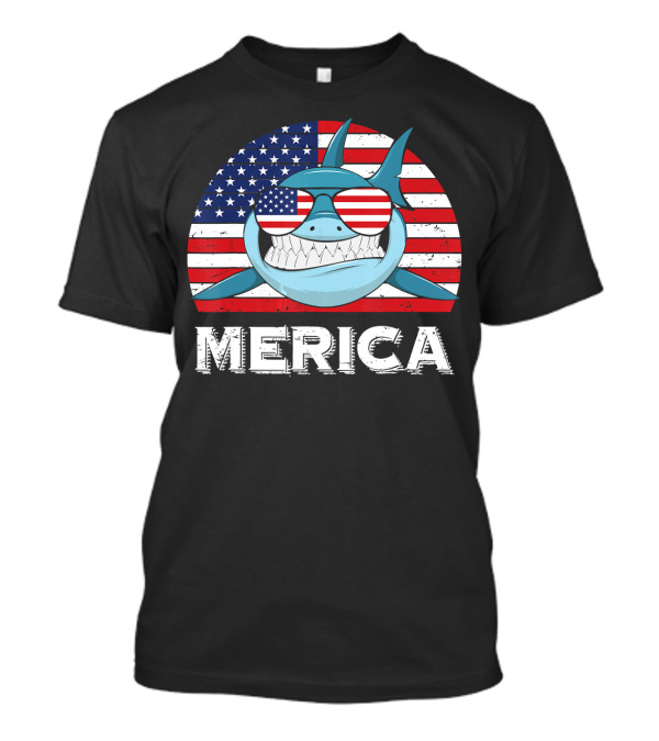 Merica Shark With American Flag Sunglasses And Vintage USA Flag Background T-Shirt
