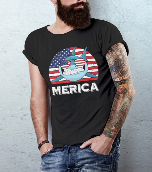 Merica Shark With American Flag Sunglasses And Vintage USA Flag Background T-Shirt