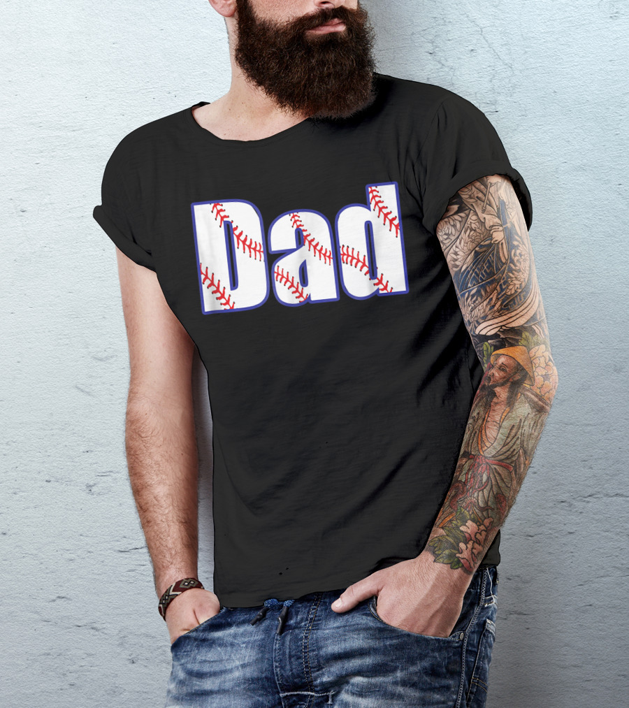 Father's Day Dad Baseball Text With Stitched T-Shirt