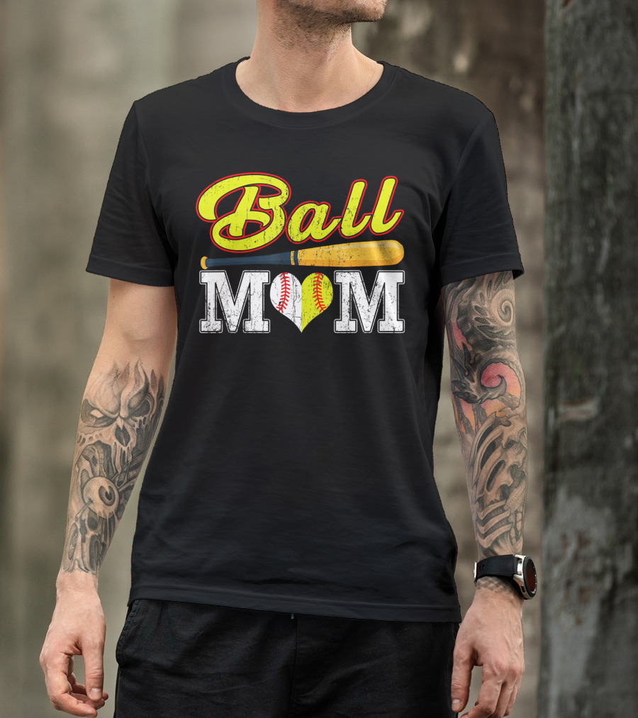 Ball Mom Funny Softball Baseball Bat Heart T-Shirt