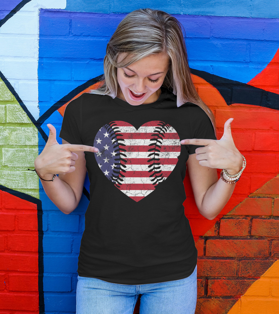 4th Of July American Flag Baseball Heart T-Shirt