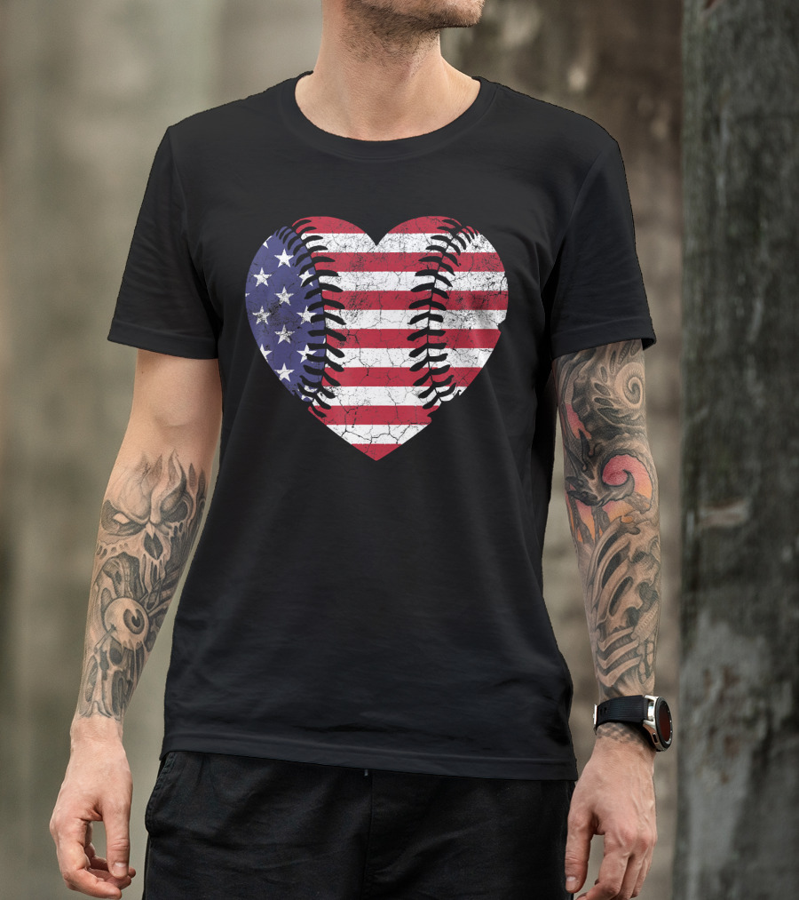 4th Of July American Flag Baseball Heart T-Shirt